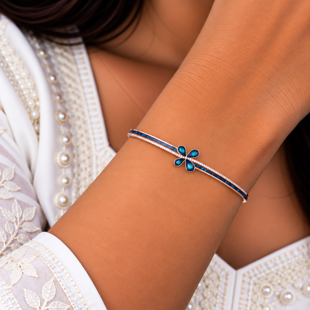 Silver Rosegold Blue Butterfly Kada
