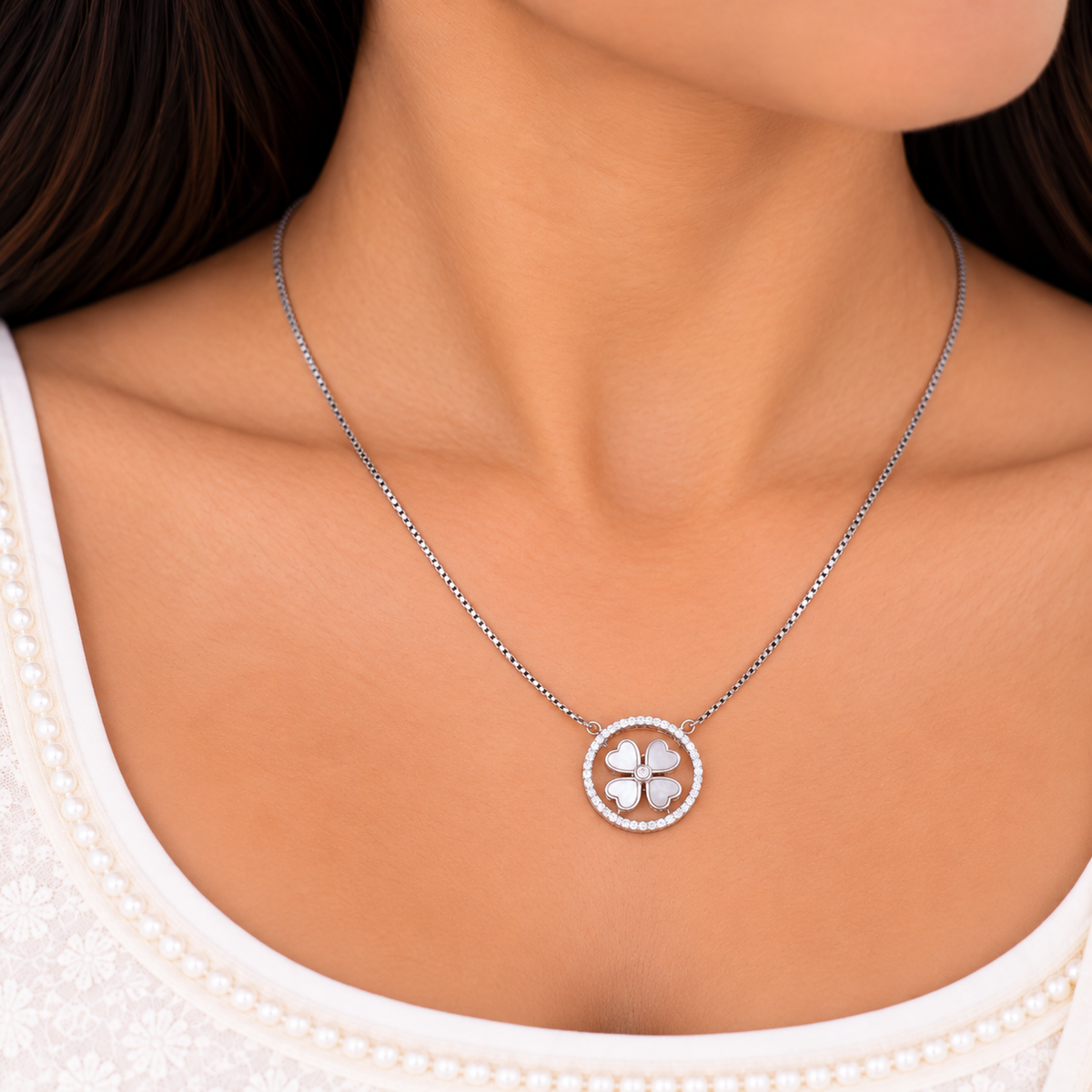 Silver Clover Charm Necklace Set