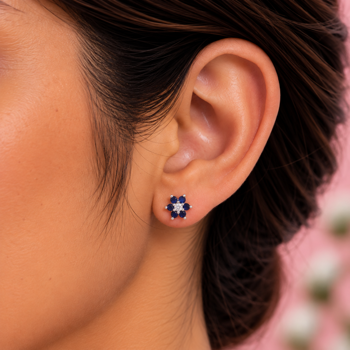 Silver Sapphire Flower Earring