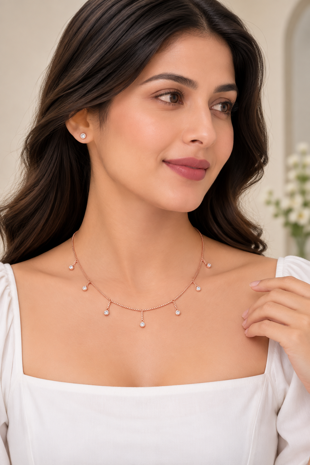 Silver Rosegold Celeste Drop Necklace Set