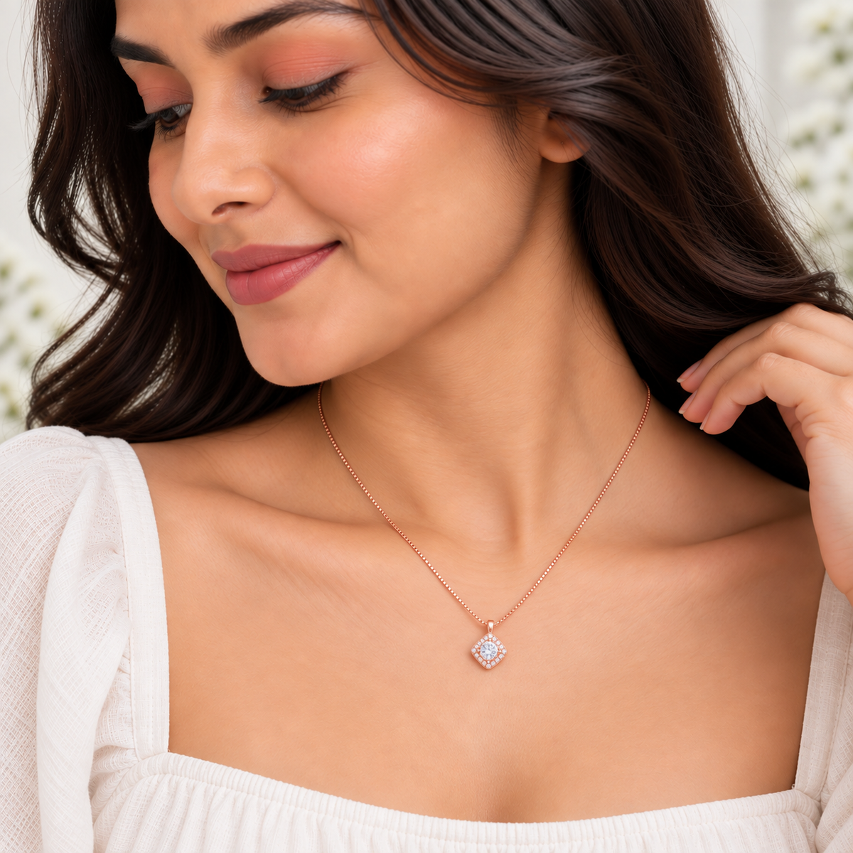 Silver RoseGold Solitaire Halo Chain Pendant