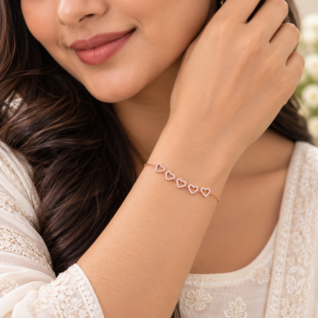 Silver Rosegold Five Hearts Bracelet