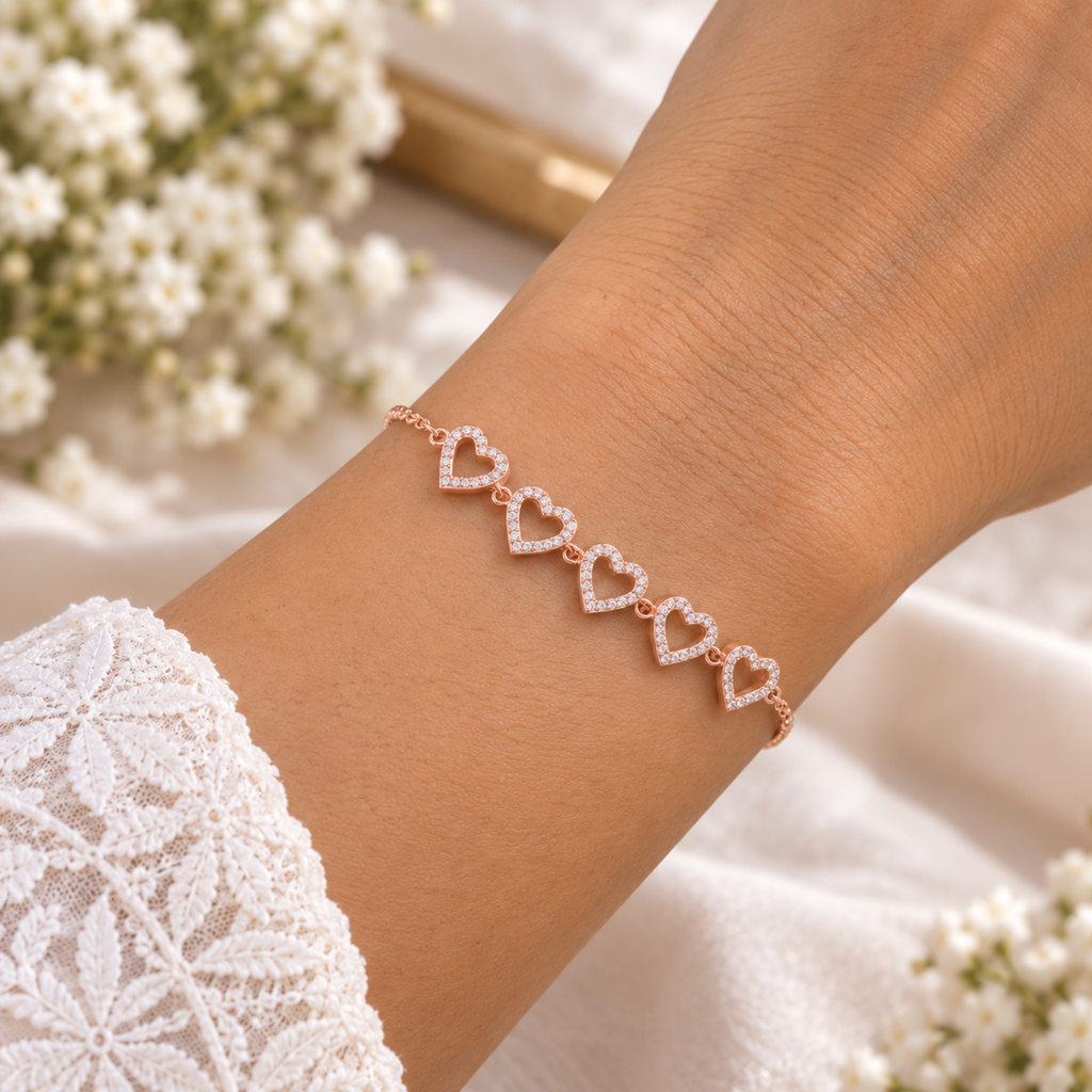 Silver Rosegold Five Hearts Bracelet