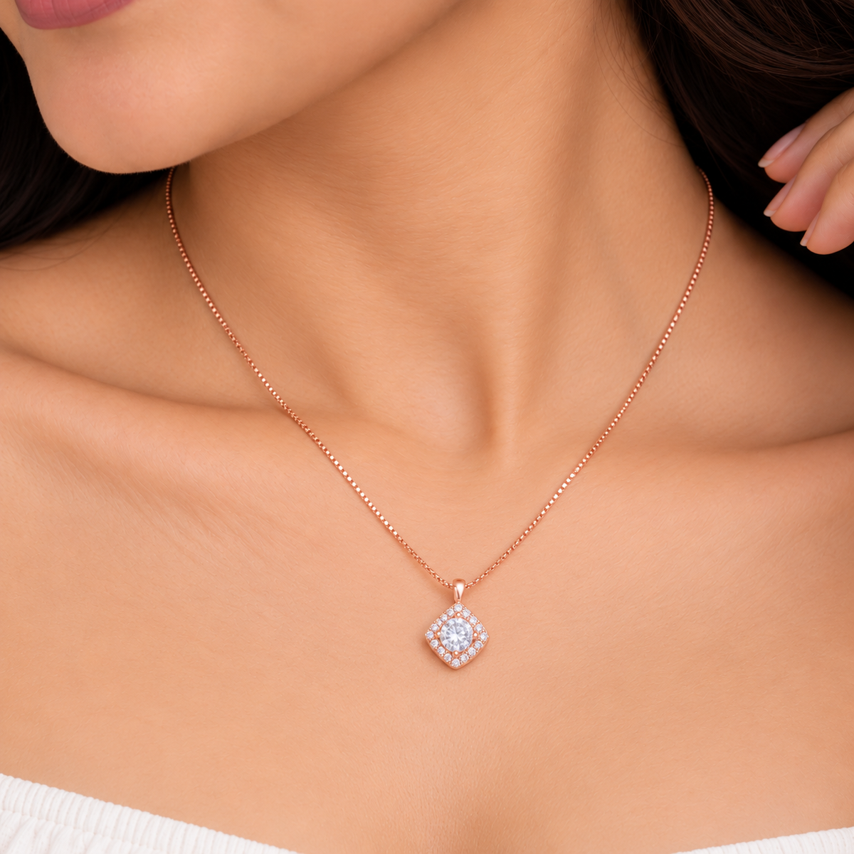 Silver RoseGold Solitaire Halo Chain Pendant