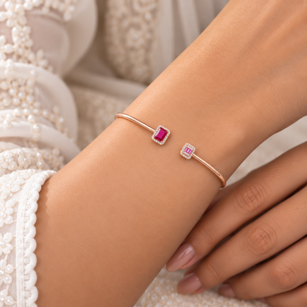 Silver Rosegold Ruby Duo Kada