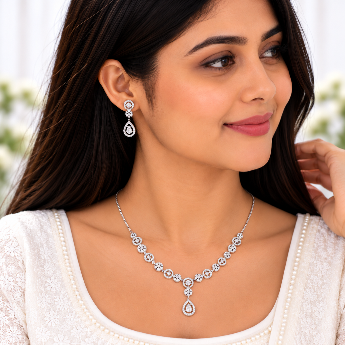 Silver Crystal Teardrop Necklace Set