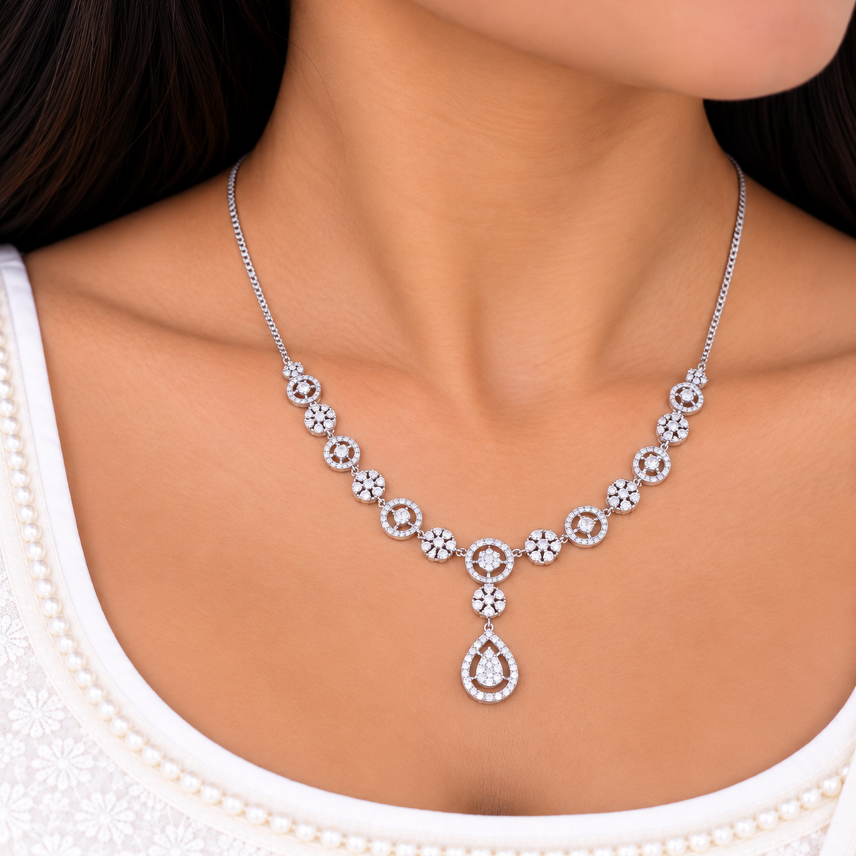 Silver Crystal Teardrop Necklace Set