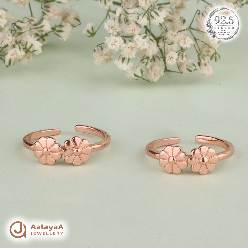 Silver RoseGold Double Blossom Toe Ring