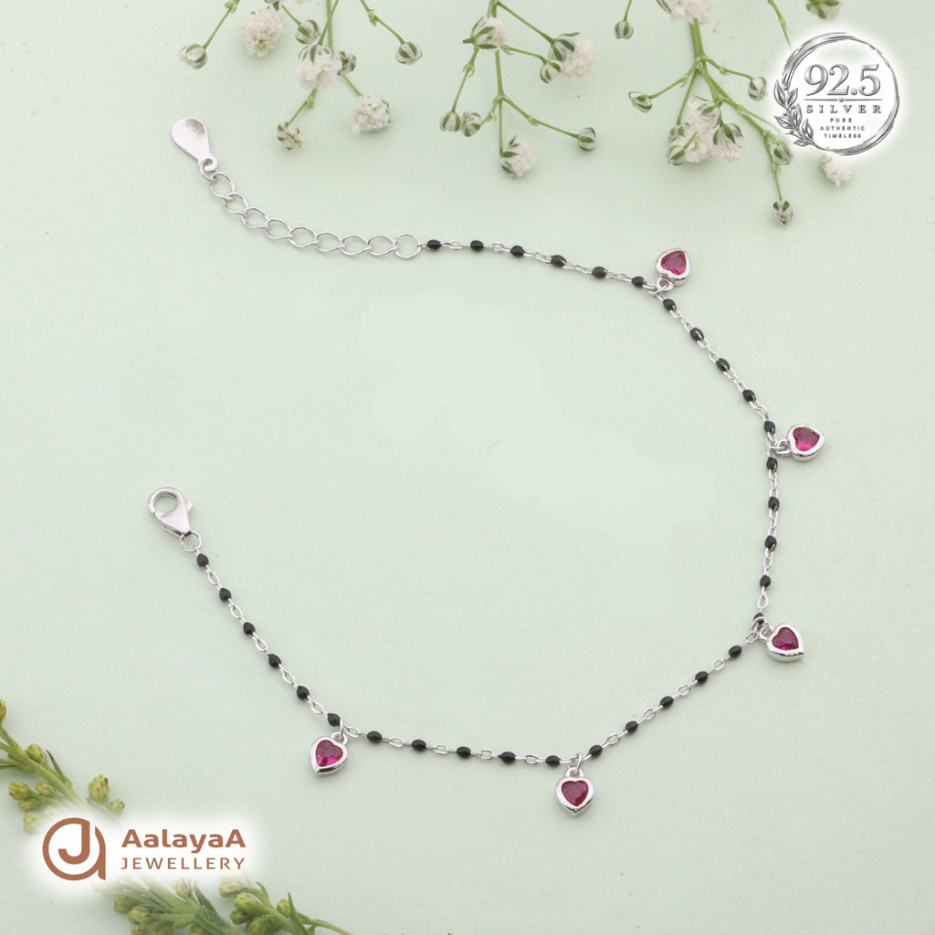 Silver Ruby Heart Black Bead Bracelet