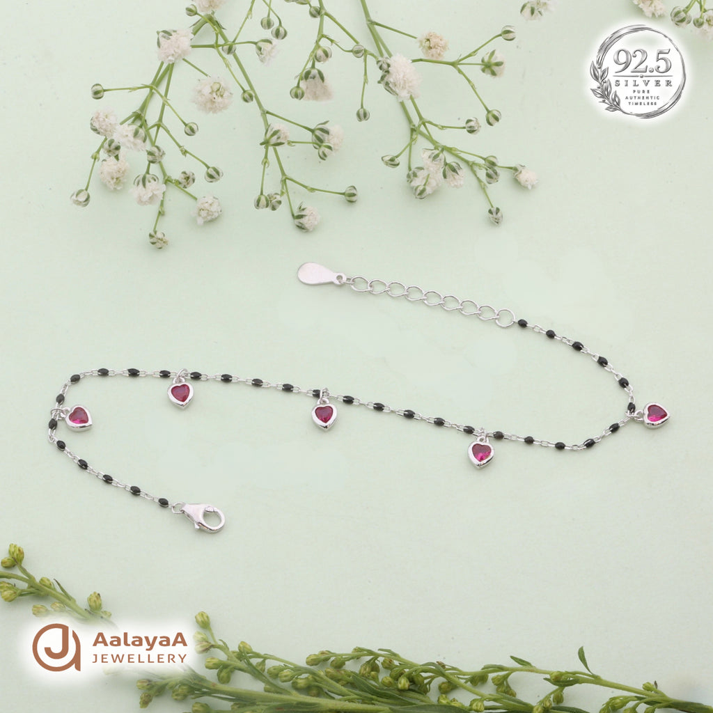 Silver Ruby Heart Black Bead Bracelet