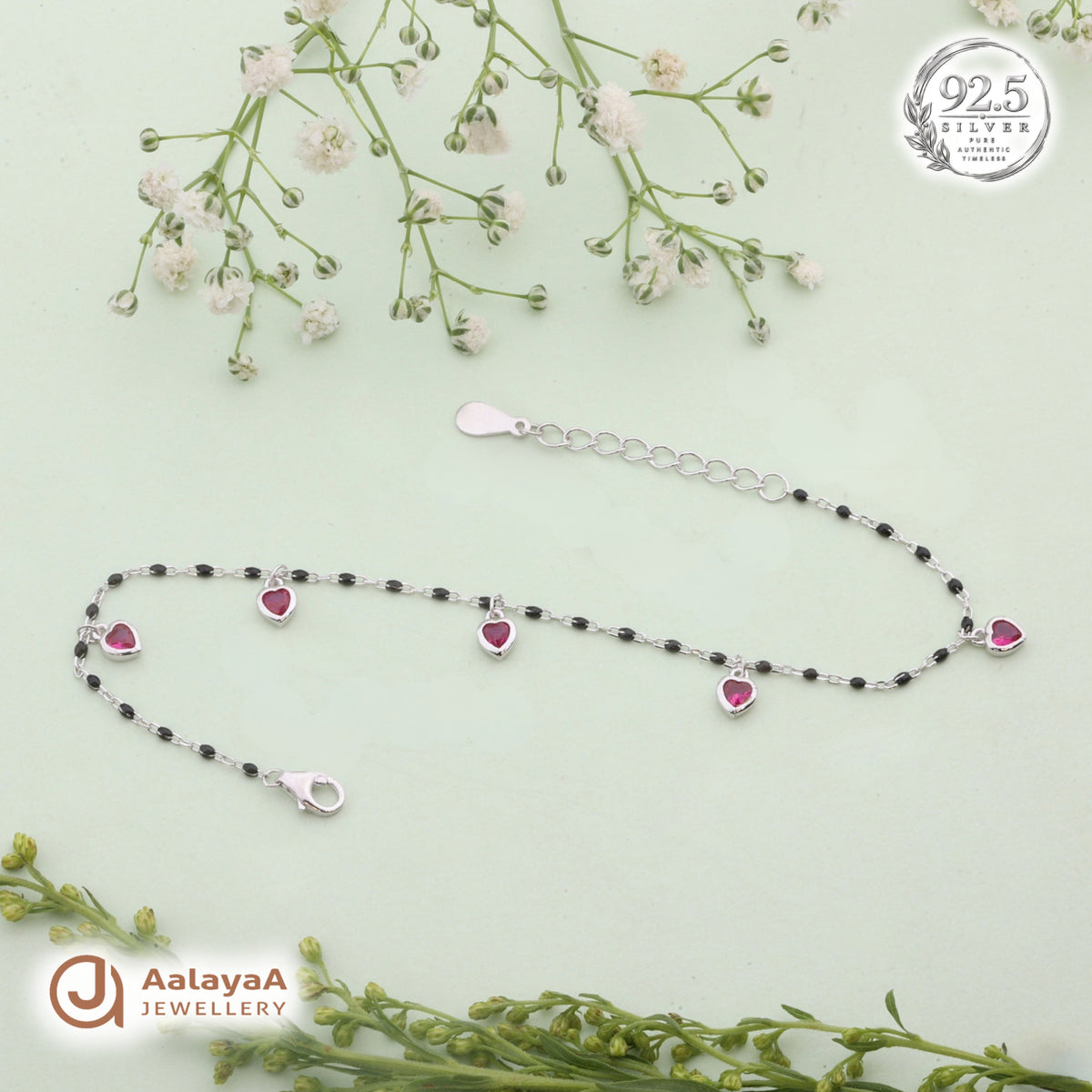 Silver Ruby Heart Black Bead Bracelet