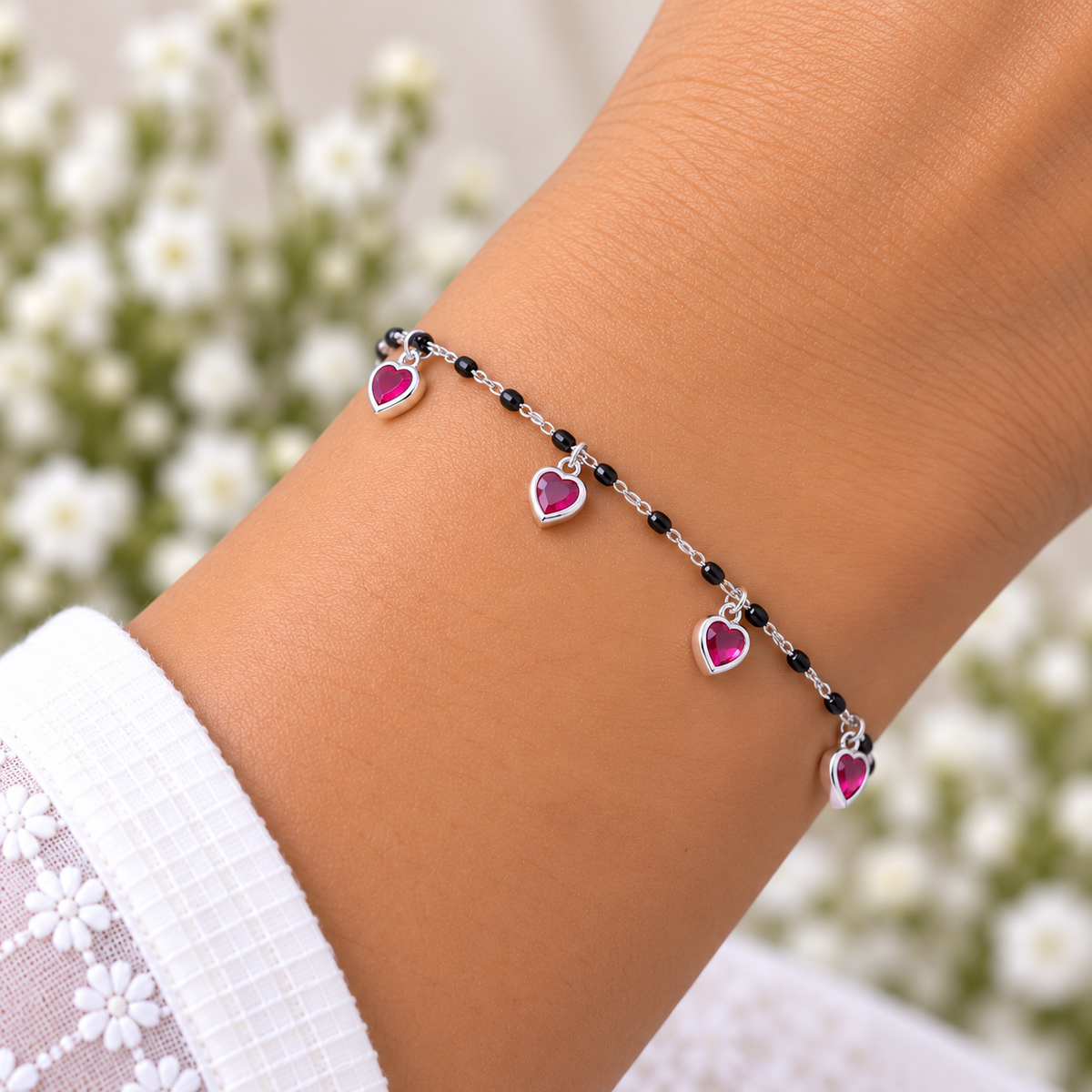 Silver Ruby Heart Black Bead Bracelet