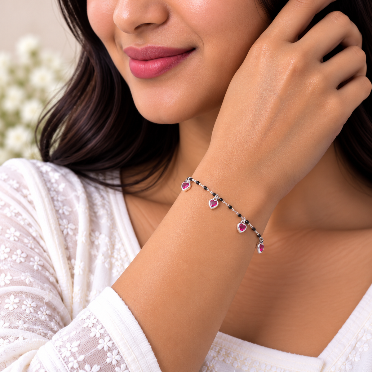 Silver Ruby Heart Black Bead Bracelet