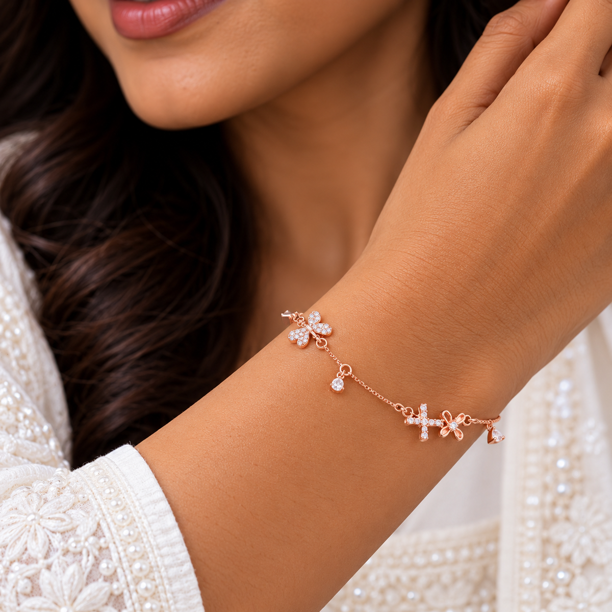 Silver Rosegold Sparkling Butterfly Charm Bracelet
