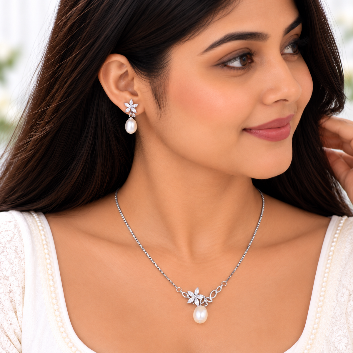 Silver Pearl Lily Necklace Set