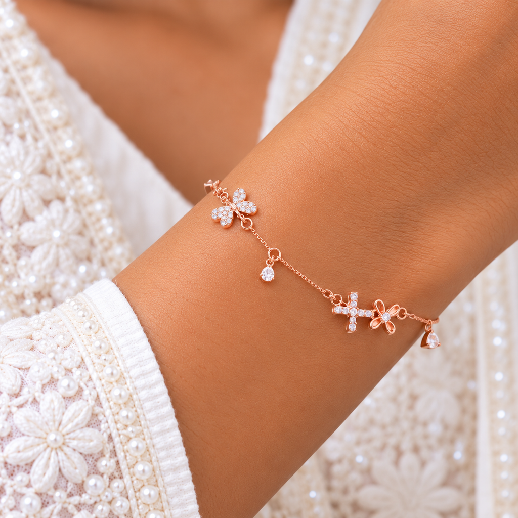 Silver Rosegold Sparkling Butterfly Charm Bracelet
