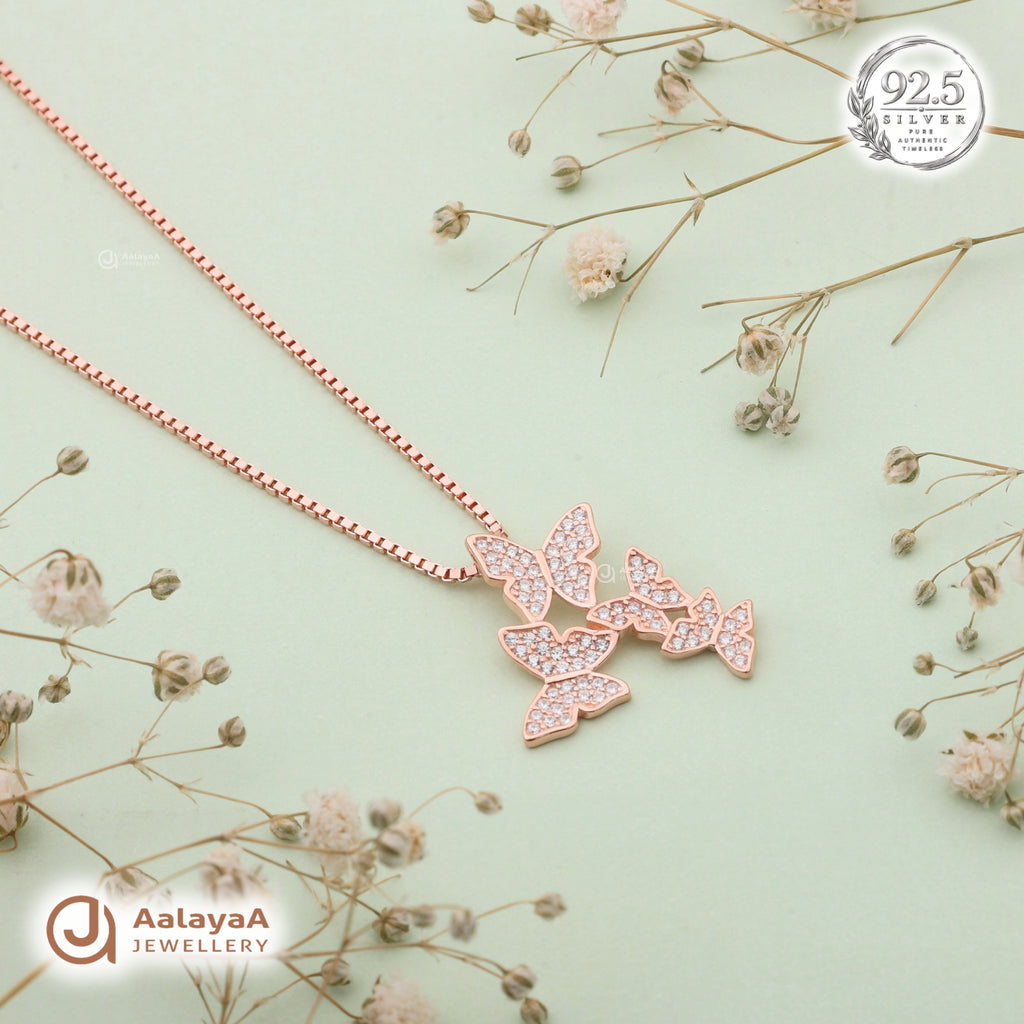 Silver Rosegold Butterfly Trio Chain Pendant
