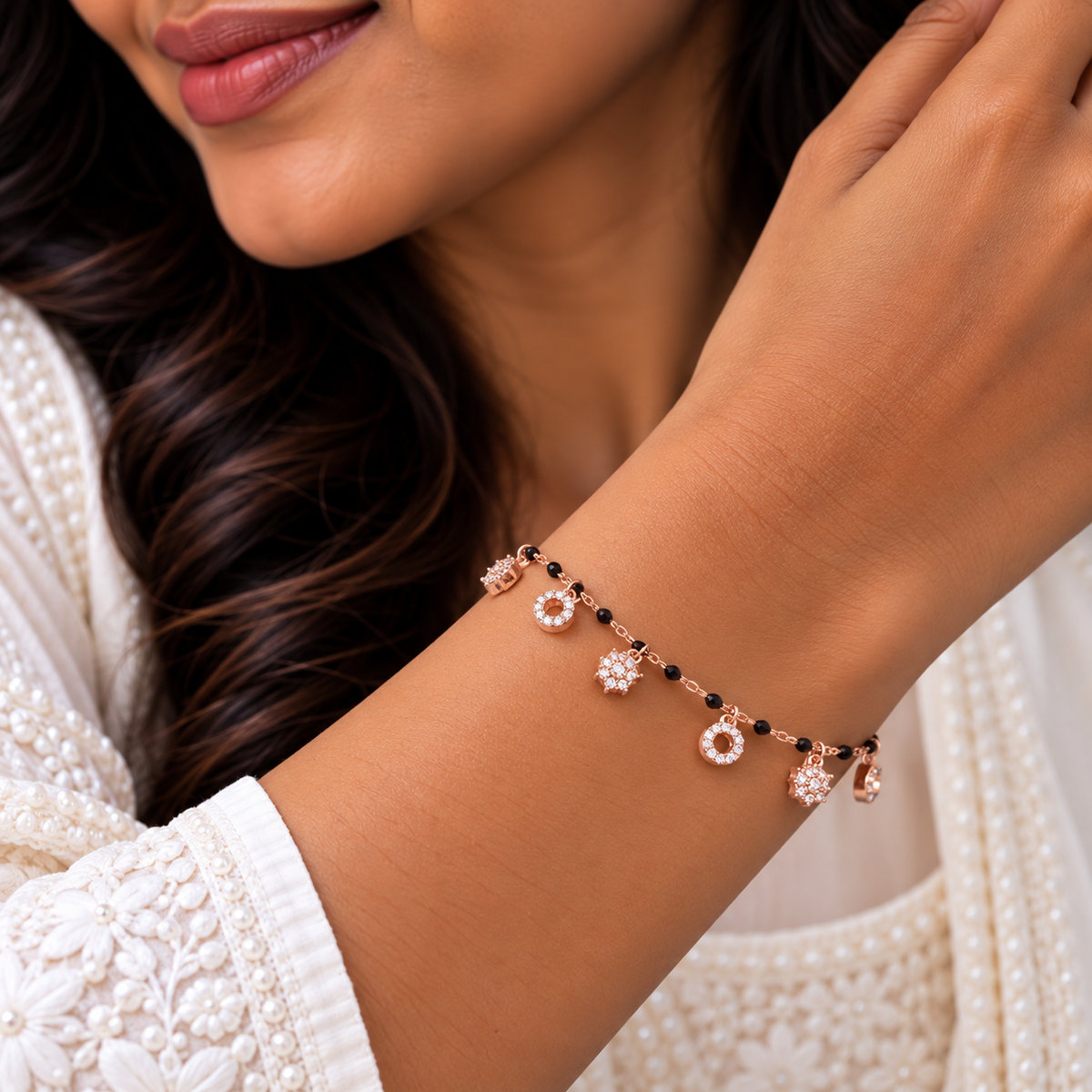 Silver Rosegold Black Bead Crystal Charm Bracelet