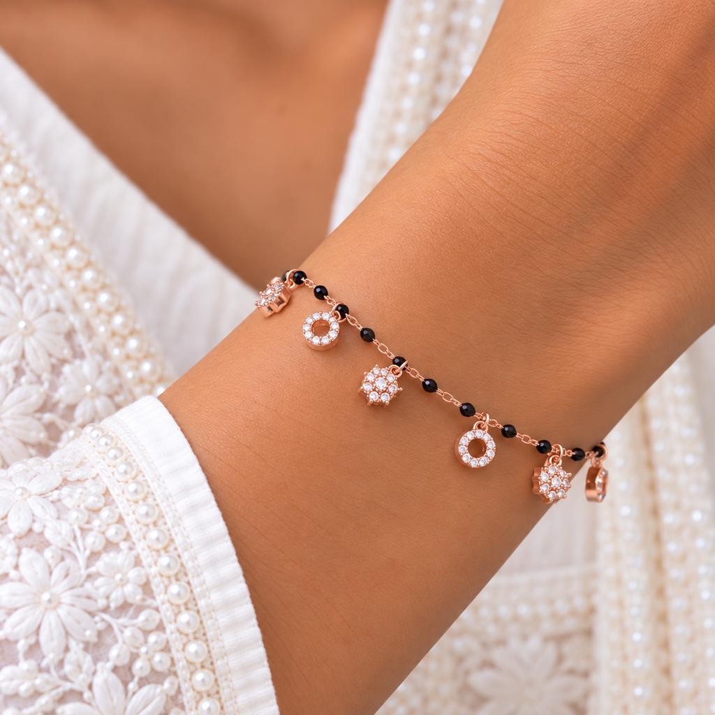 Silver Rosegold Black Bead Crystal Charm Bracelet