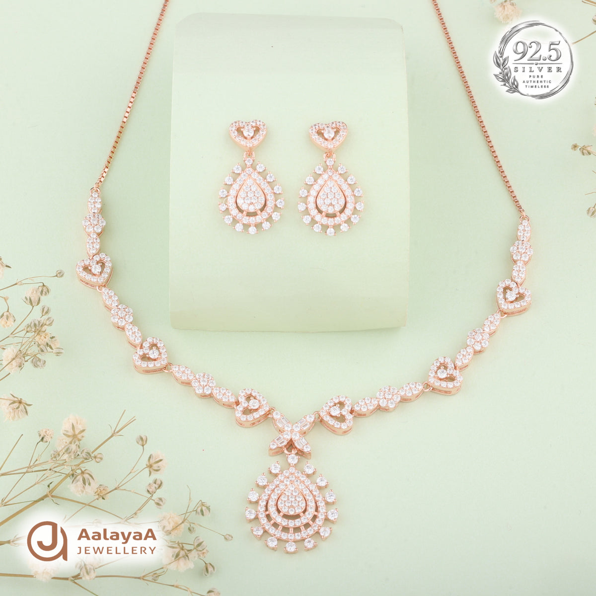 Silver Rose Gold Amoura Heart Necklace Set