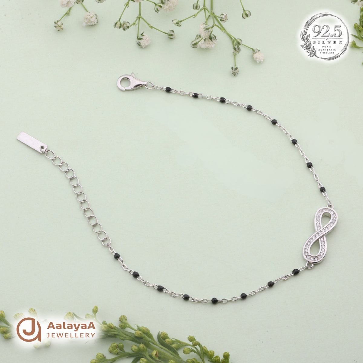 Silver Black Bead Infinity Bracelet