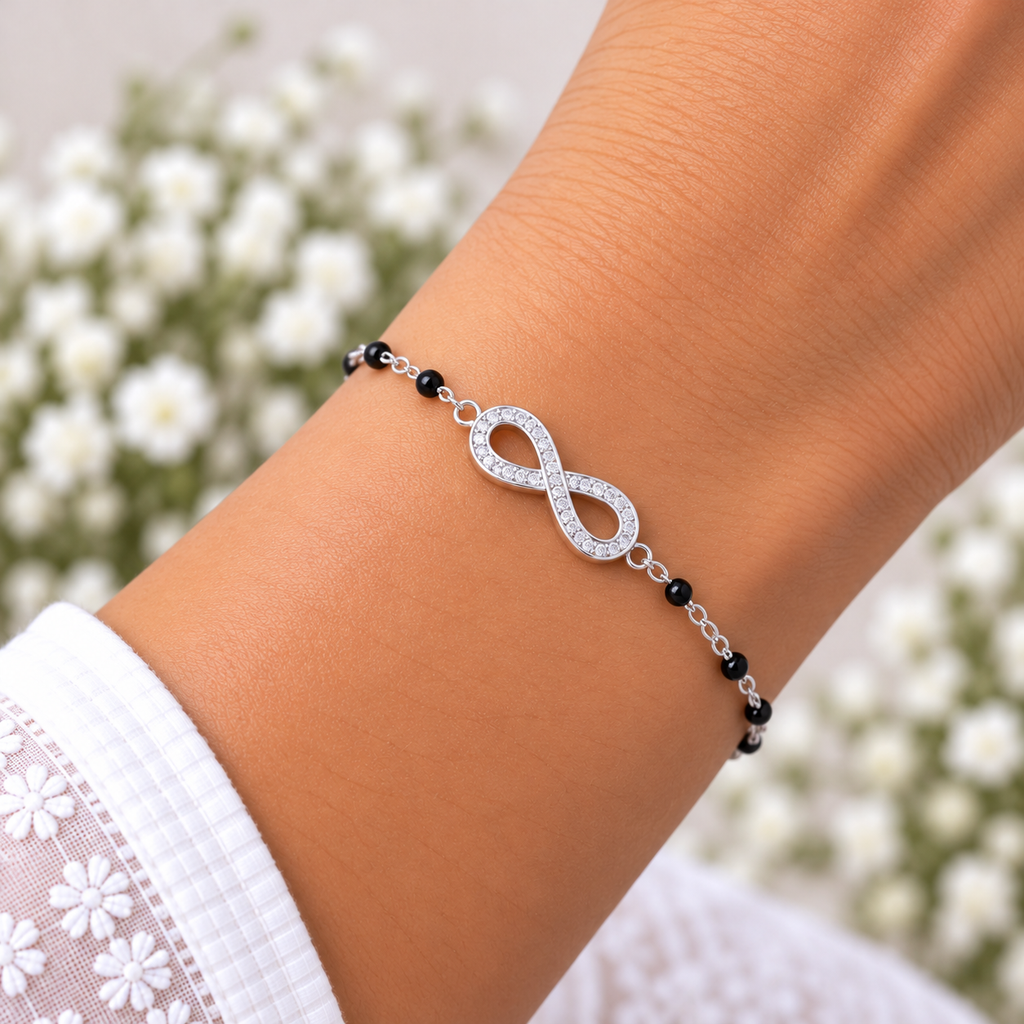 Silver Black Bead Infinity Bracelet