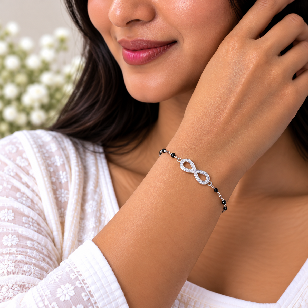 Silver Black Bead Infinity Bracelet