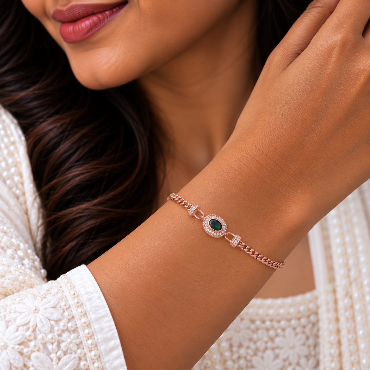Silver Rosegold Emerald Halo Bracelet