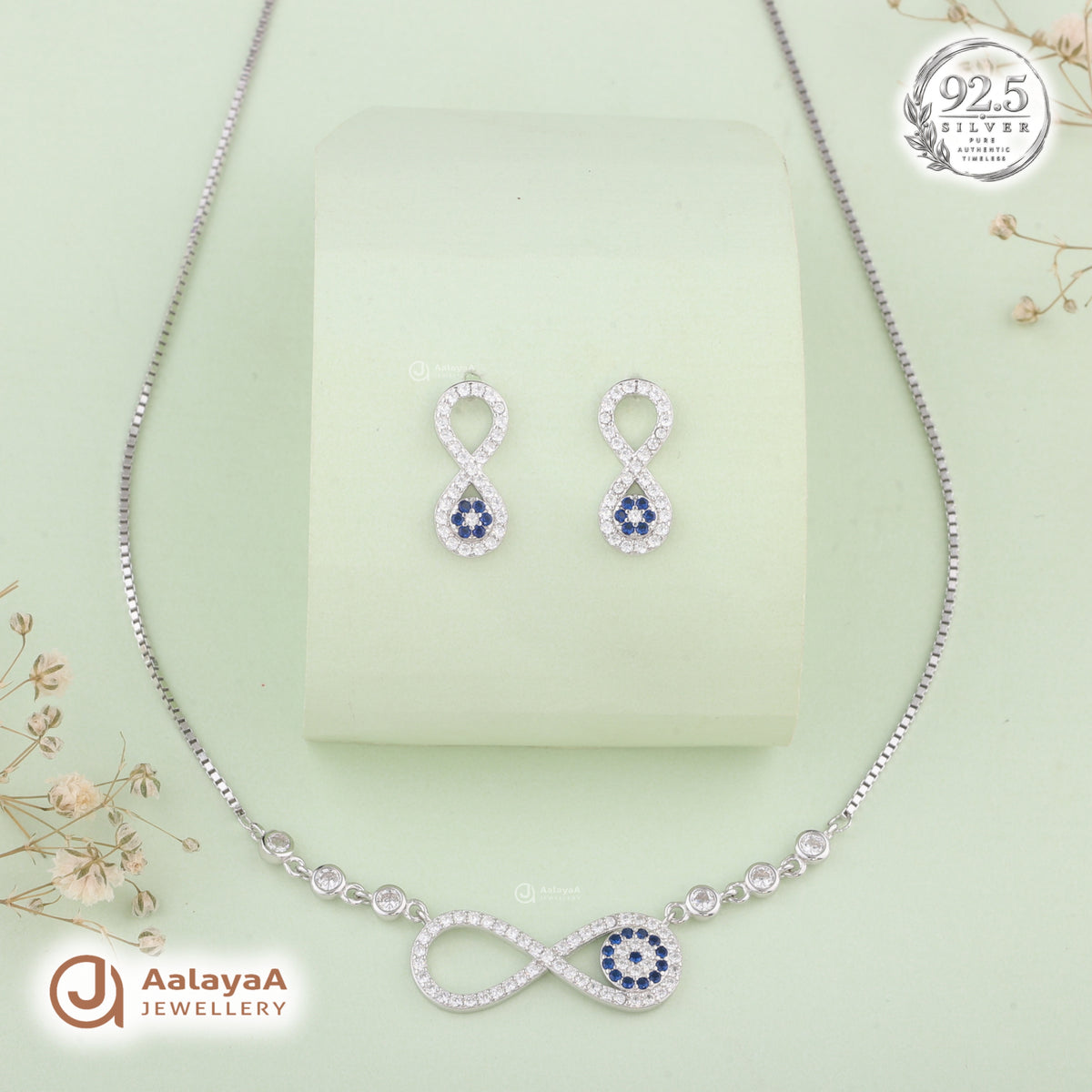 Silver Sapphire Infinity Necklace Set