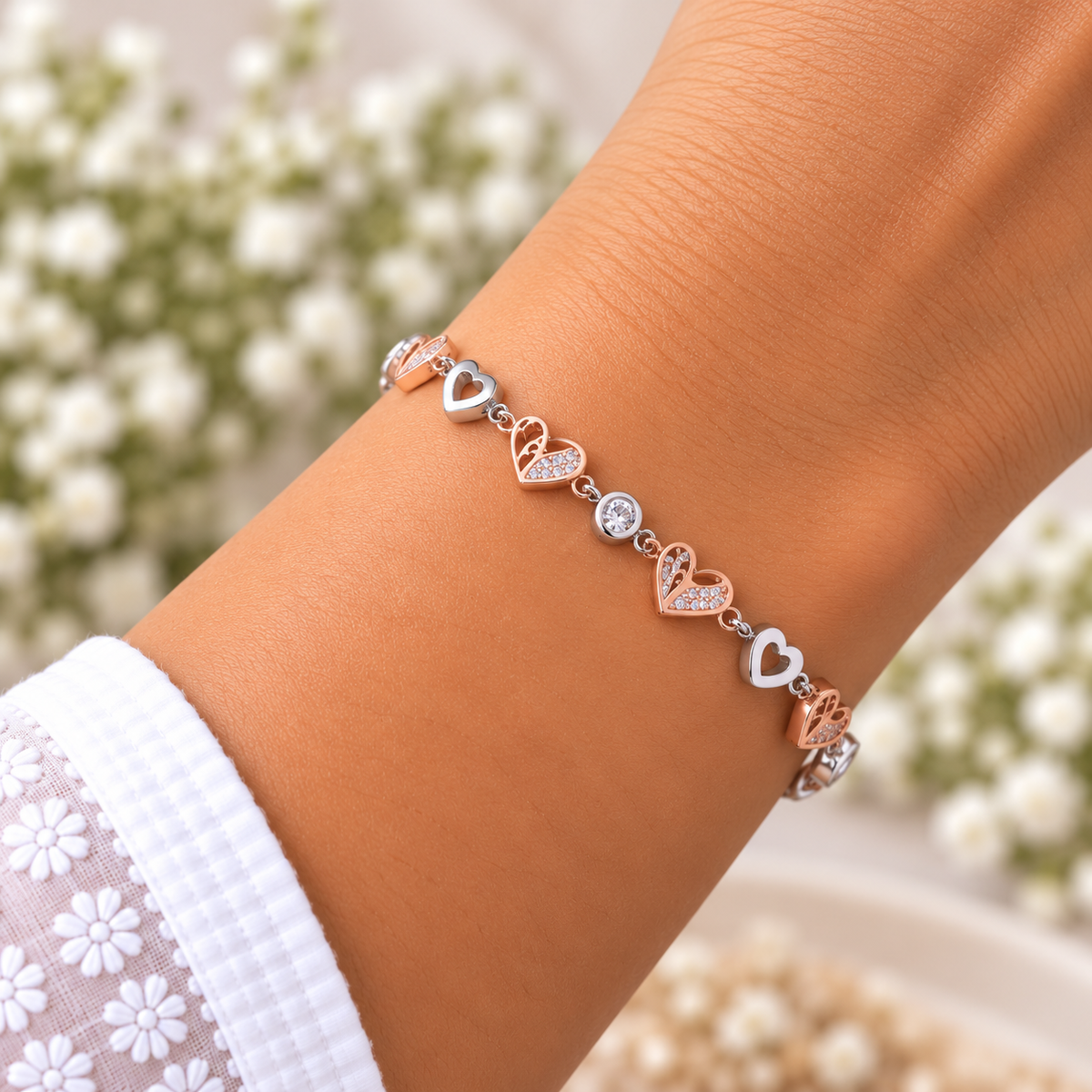 Silver Rosegold Heart Charm Bracelet