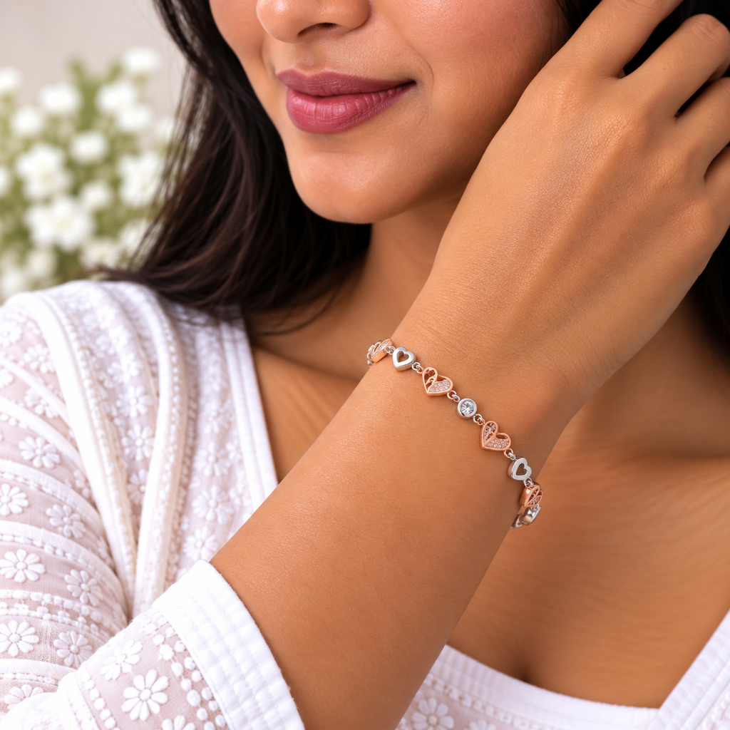 Silver Rosegold Heart Charm Bracelet