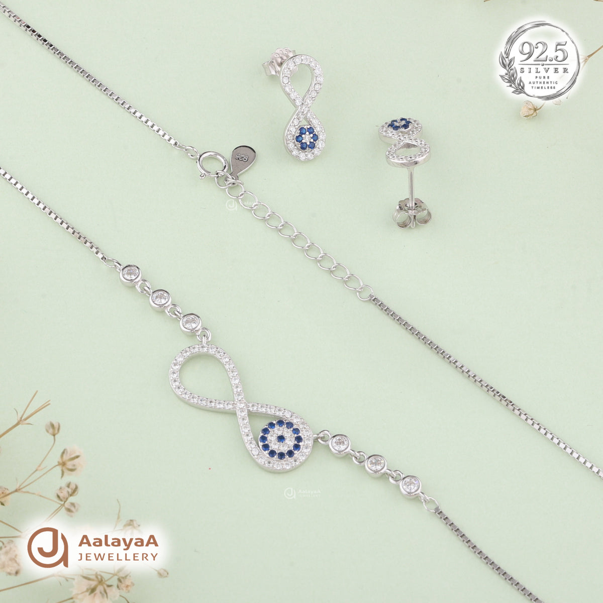 Silver Sapphire Infinity Necklace Set