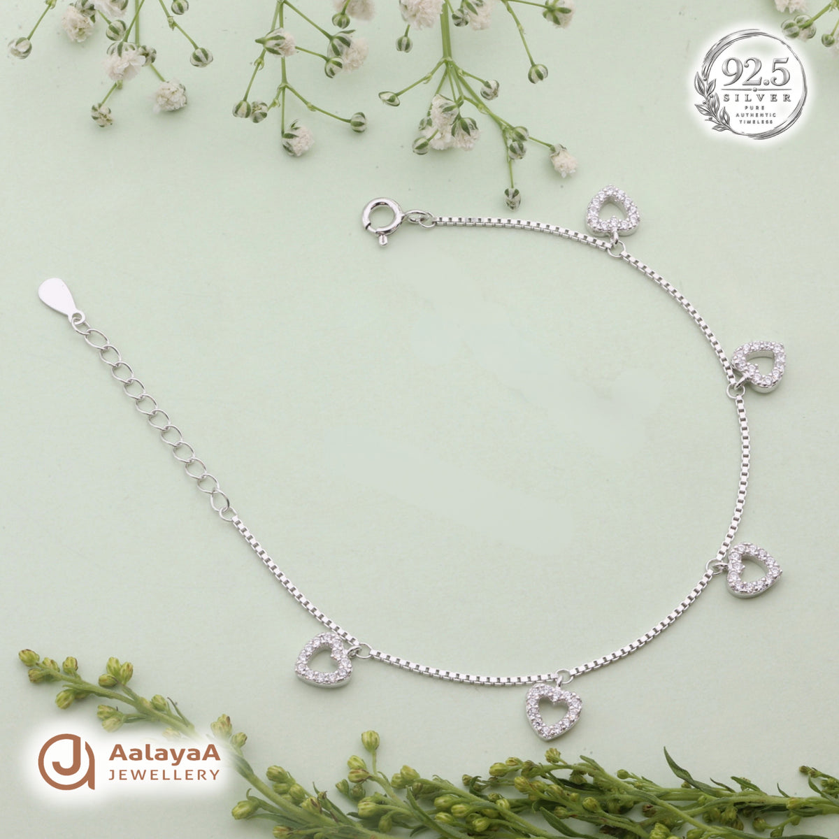 Silver Dangling Crystal Heart Bracelet