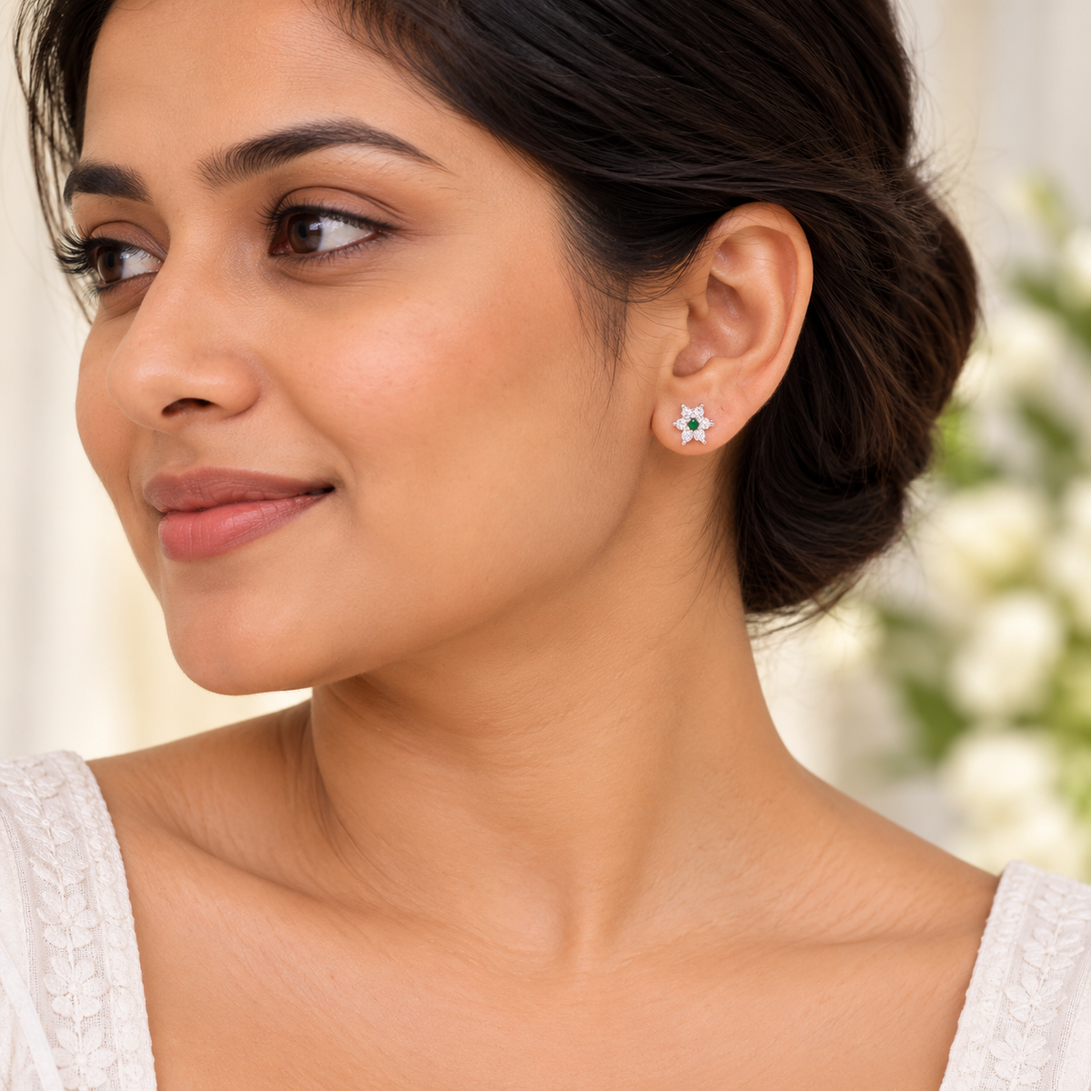 Silver Emerald Blossom Earring