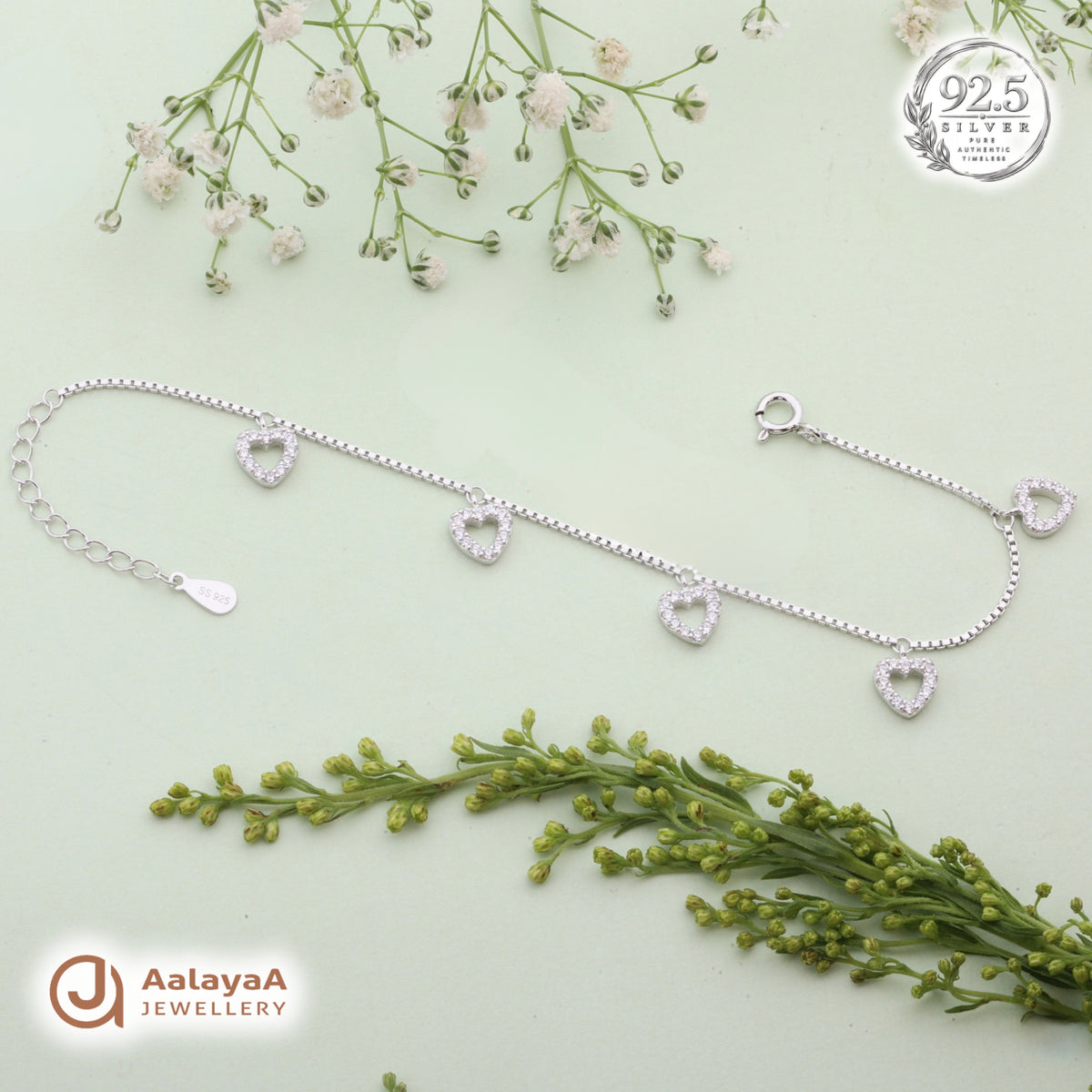 Silver Dangling Crystal Heart Bracelet
