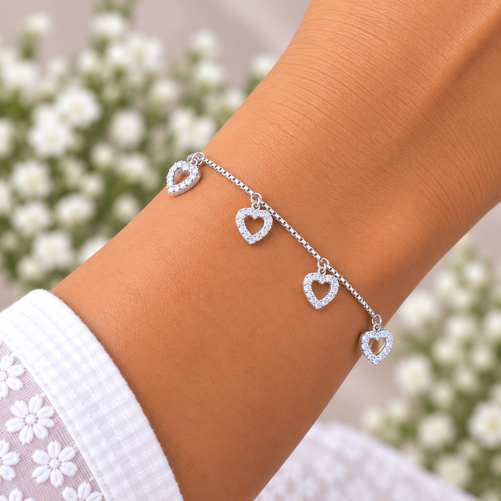 Silver Dangling Crystal Heart Bracelet