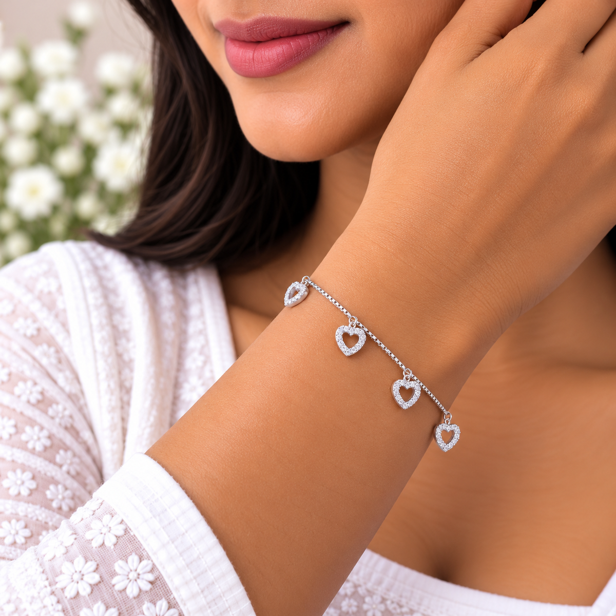 Silver Dangling Crystal Heart Bracelet
