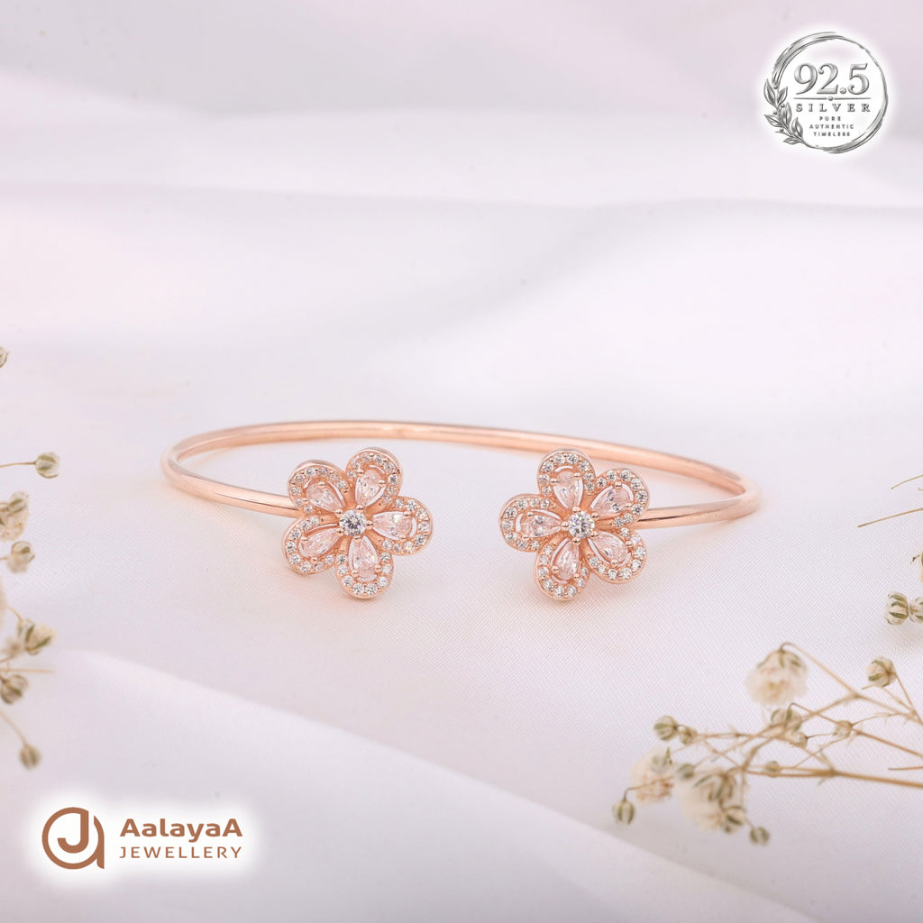 Silver Rosegold Crystal Flower Kada