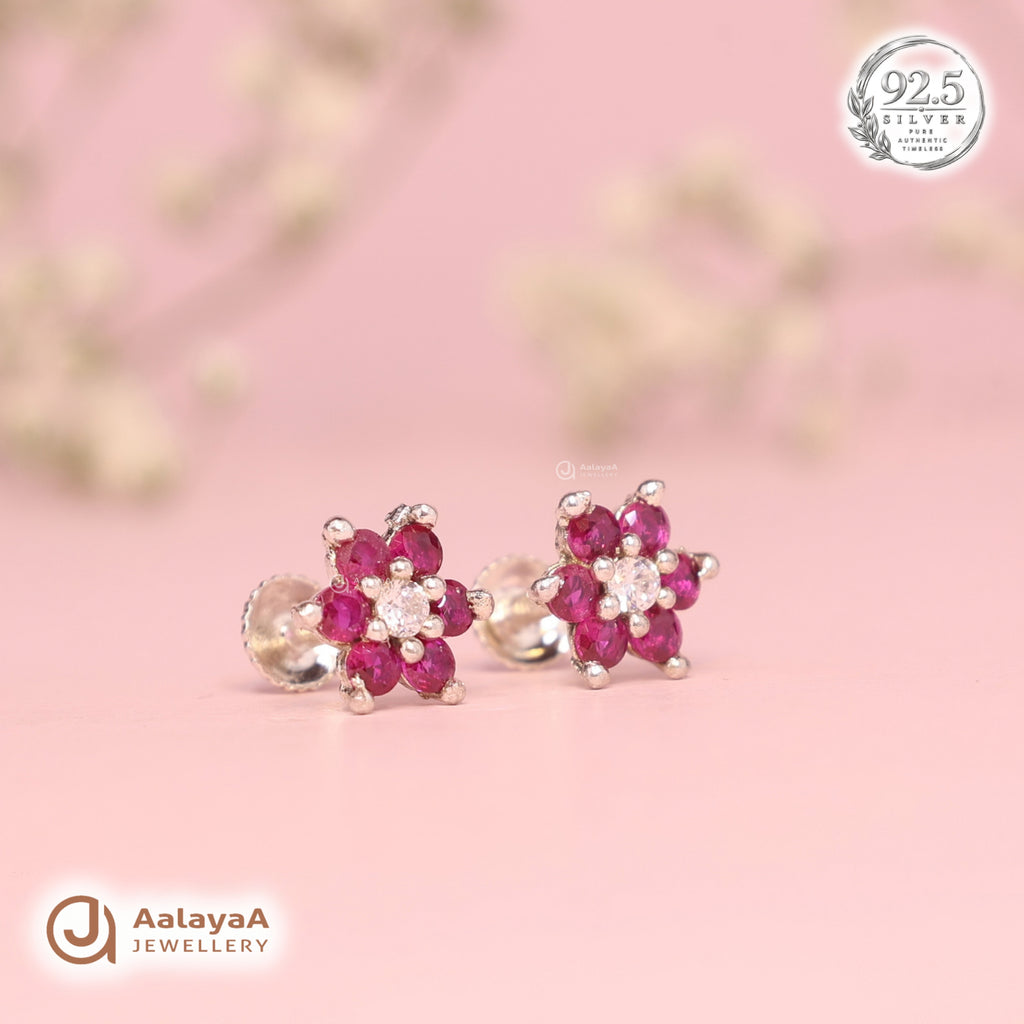 Silver Ruby Flower Earring
