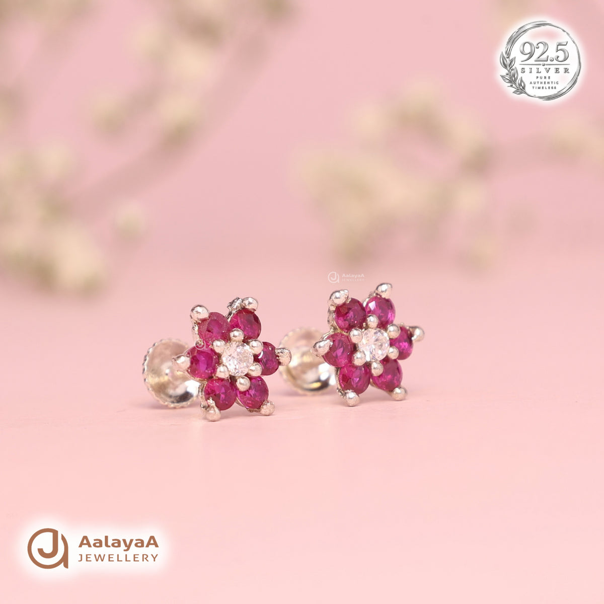 Silver Ruby Flower Earring