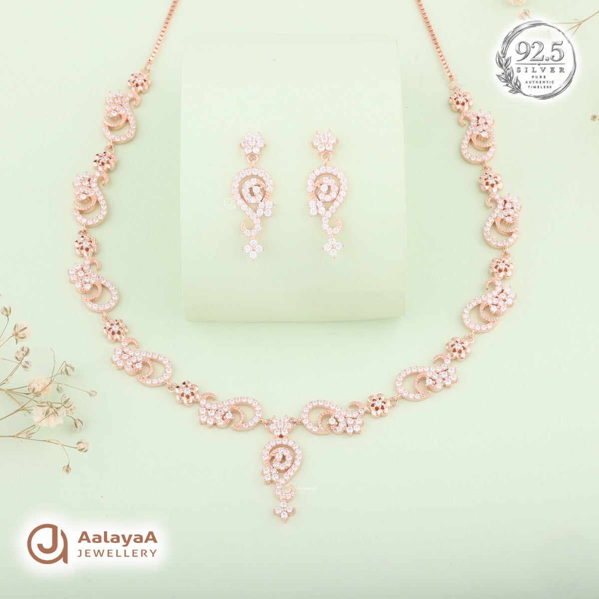Silver Rose Gold Zareena Paisley Necklace Set