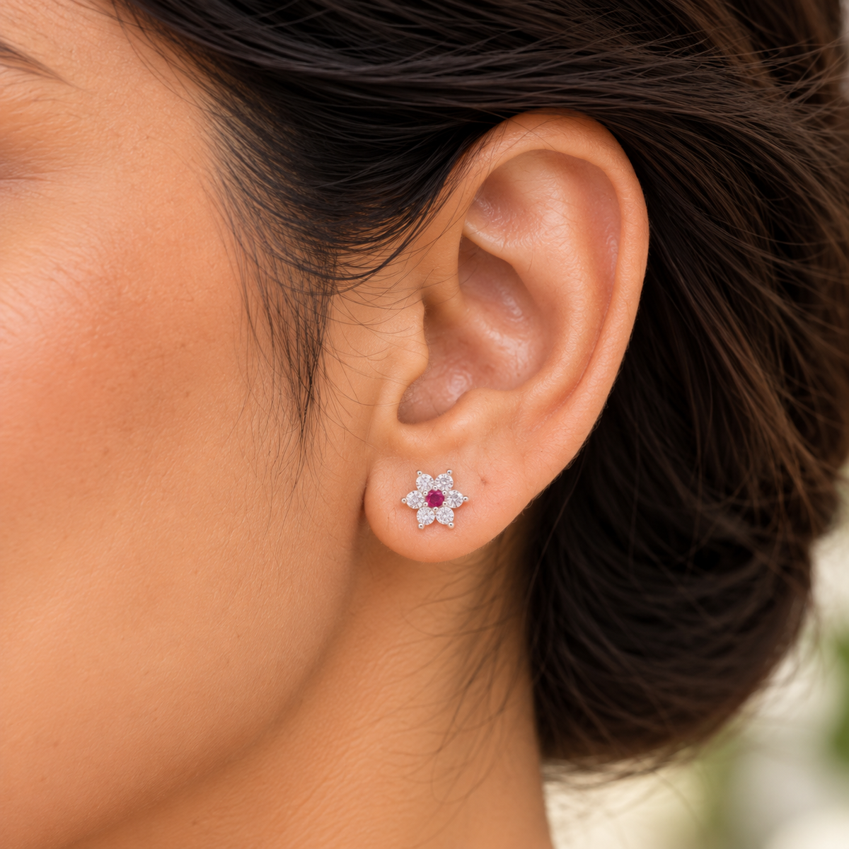 Silver Ruby Blossom Earring