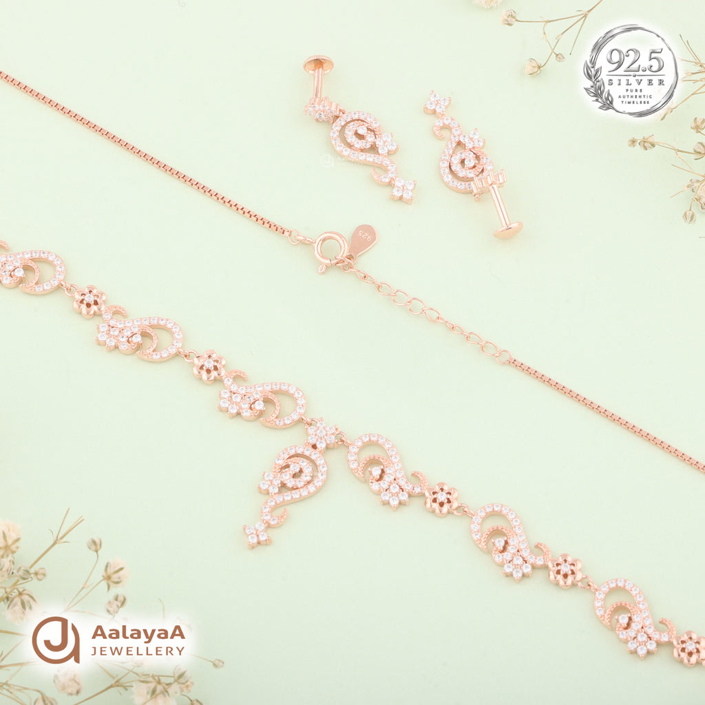 Silver Rose Gold Zareena Paisley Necklace Set