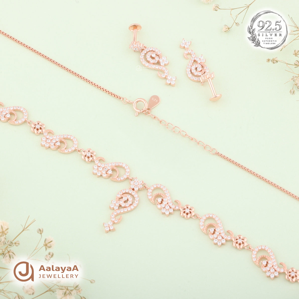 Silver Rose Gold Zareena Paisley Necklace Set