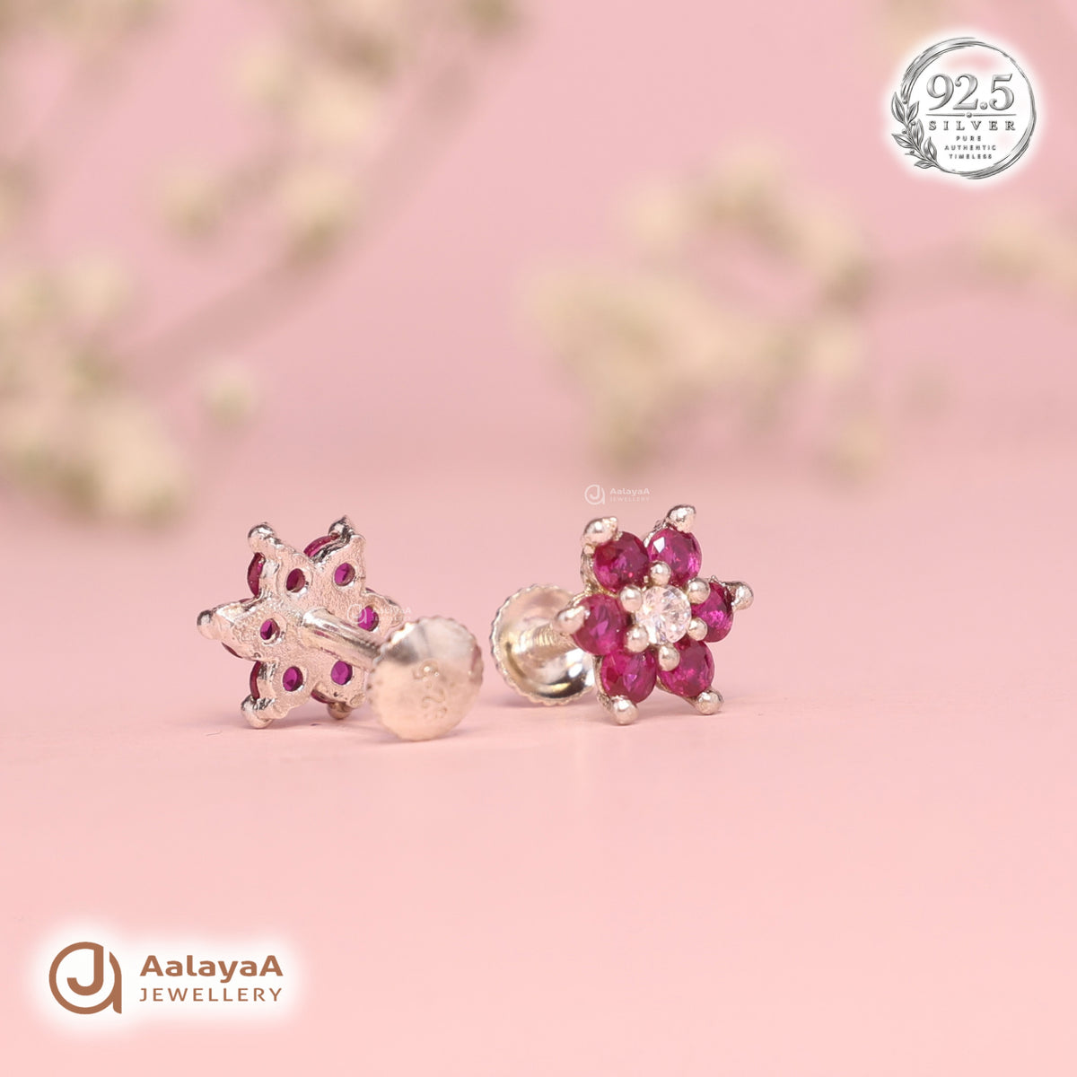 Silver Ruby Flower Earring