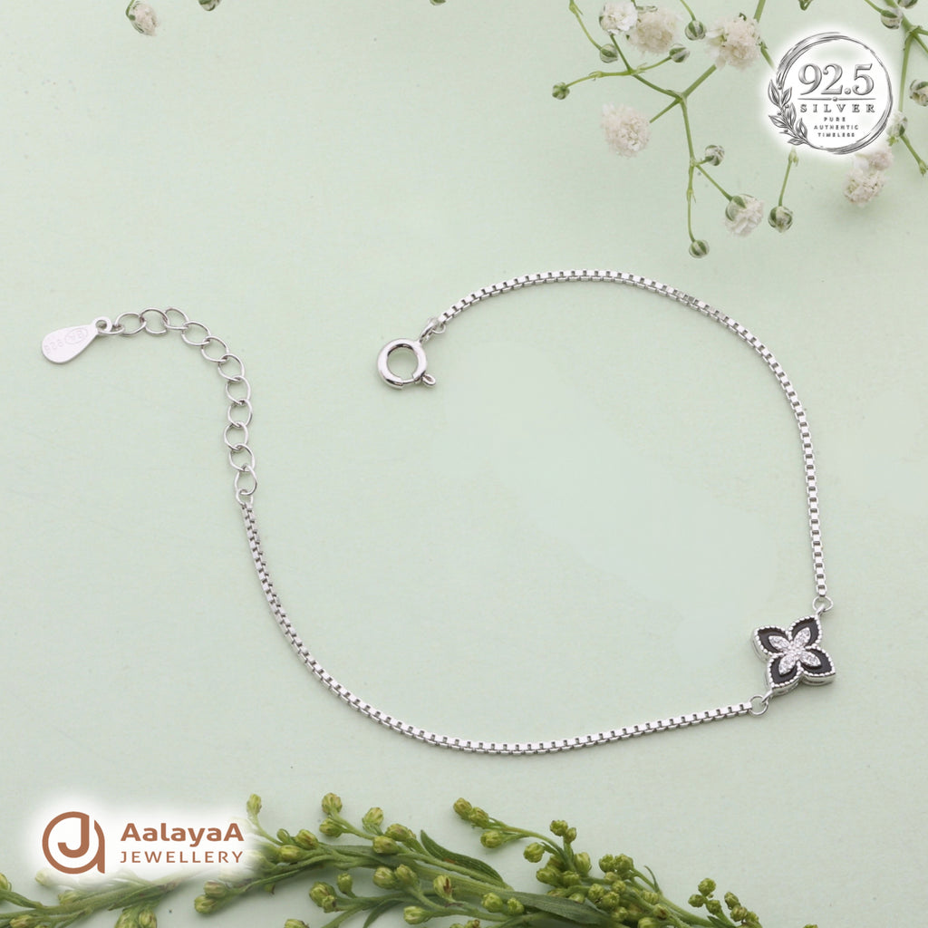 Silver Black Enamel Blossom Bracelet