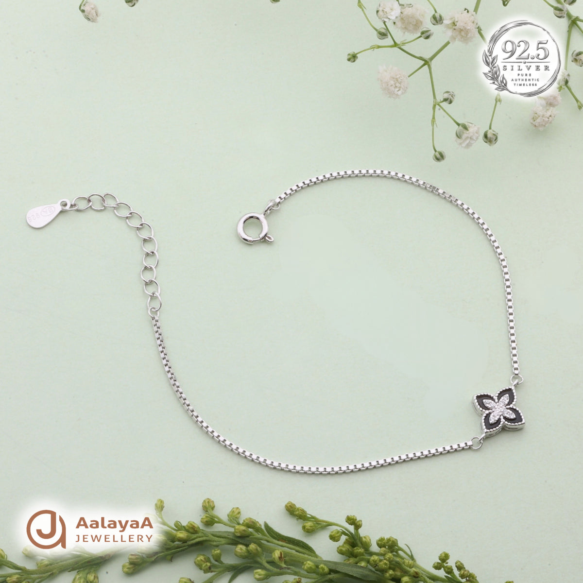 Silver Black Enamel Blossom Bracelet