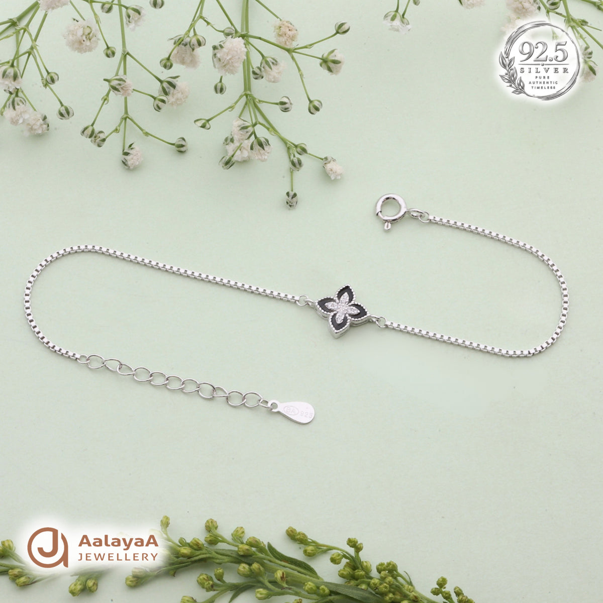 Silver Black Enamel Blossom Bracelet
