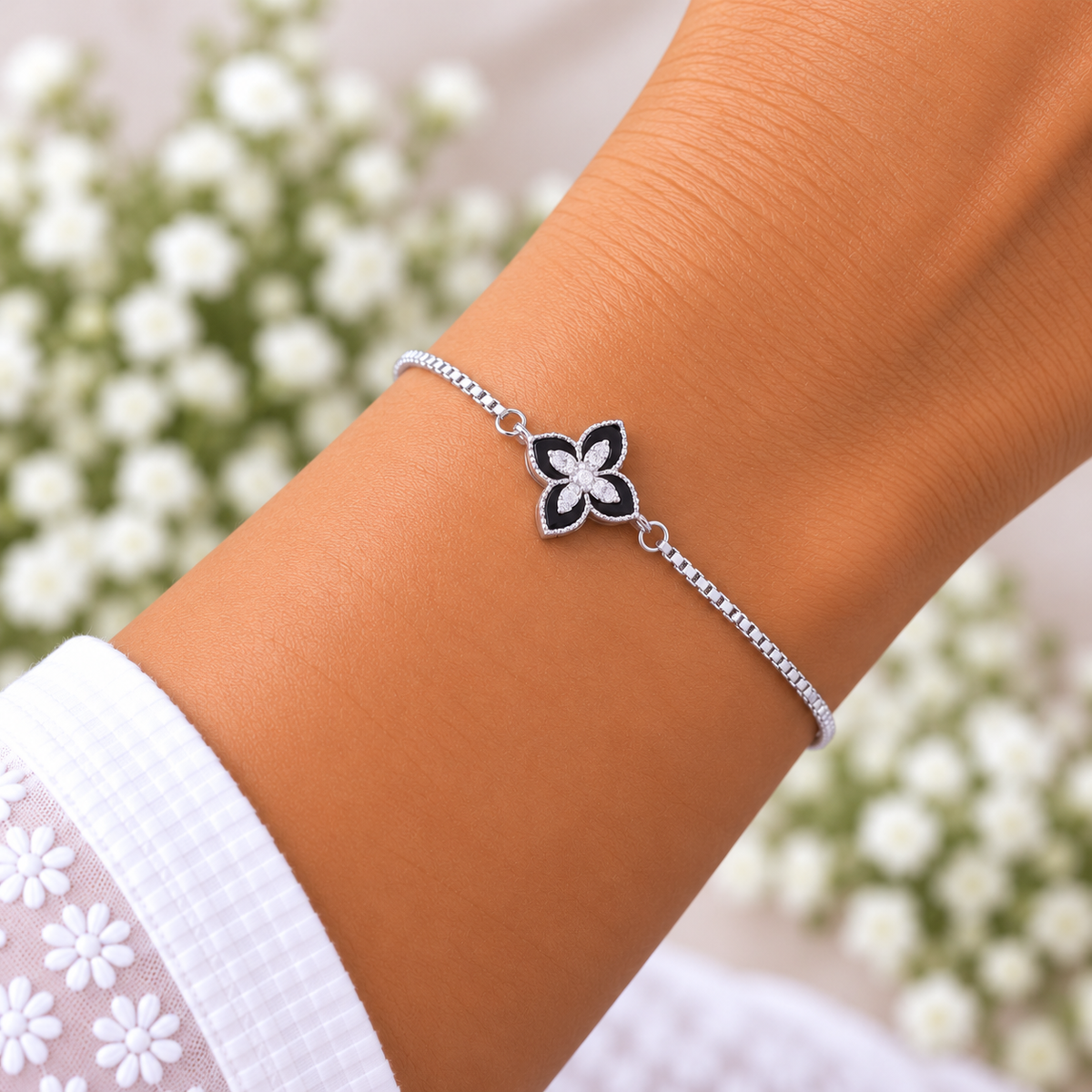 Silver Black Enamel Blossom Bracelet