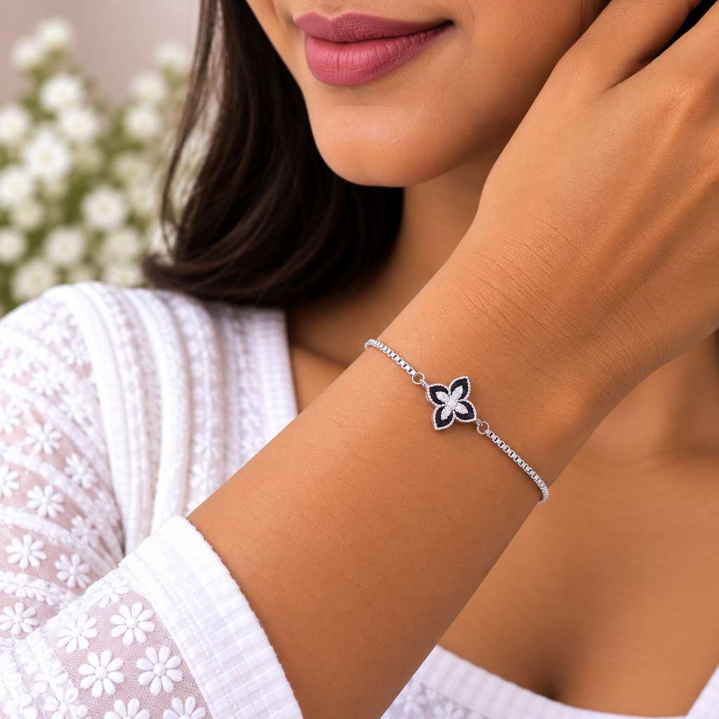 Silver Black Enamel Blossom Bracelet